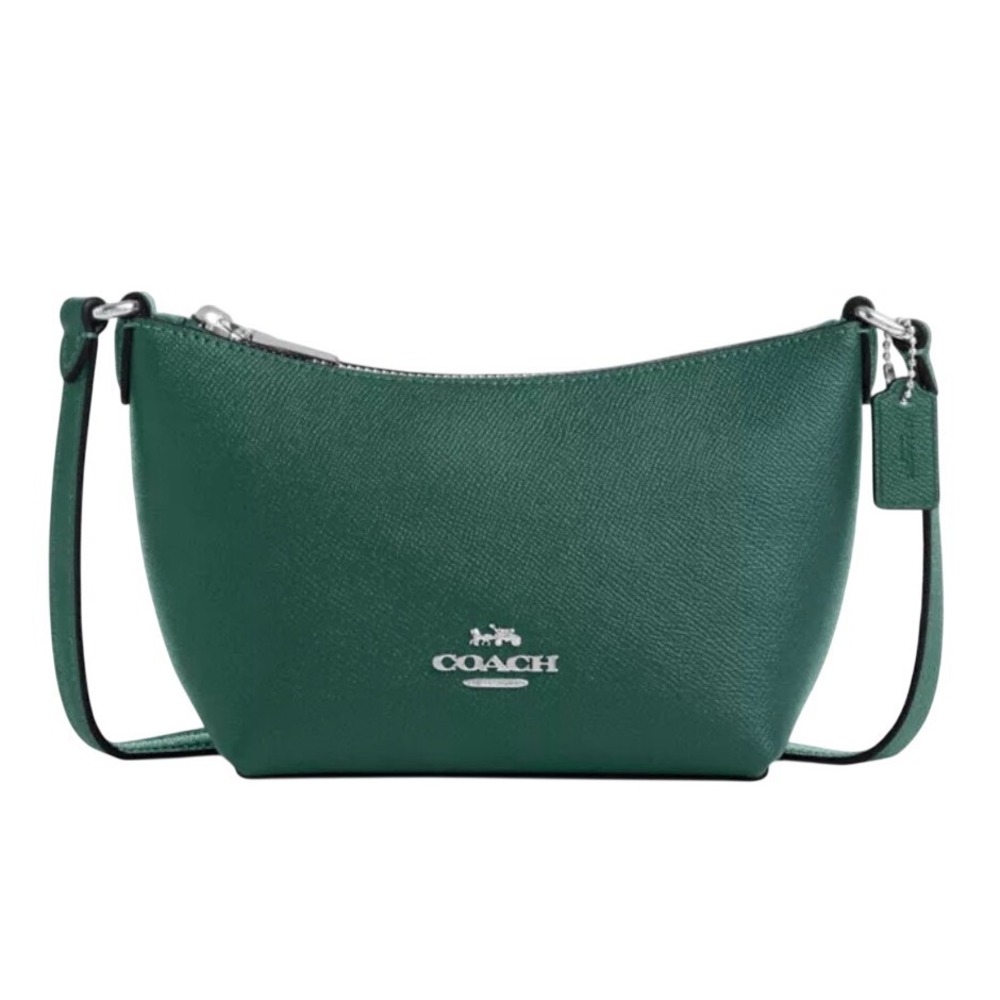 Coach Forest Green Crossgrain Leather Zip Shoulder Bag CW336 Silver Hardware - Picture 1 of 11